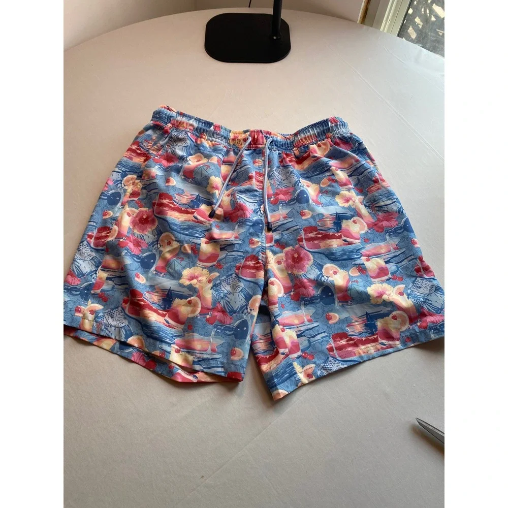 Peter Millar Mens Tropical Cocktail Print Swim Trunks Blue Pink Floral Large